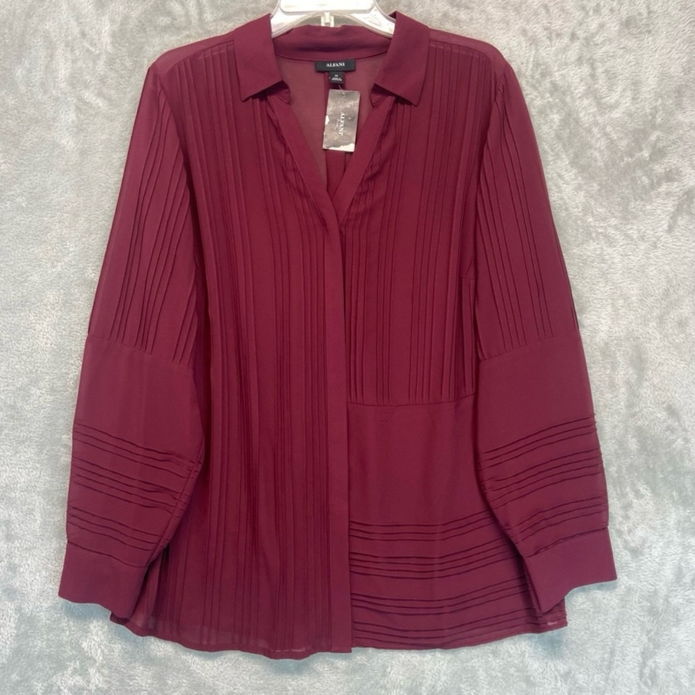 NEW Alfani Womens Top Plus Size 2X Burgundy Pleated Sheer Collared Button Blouse
